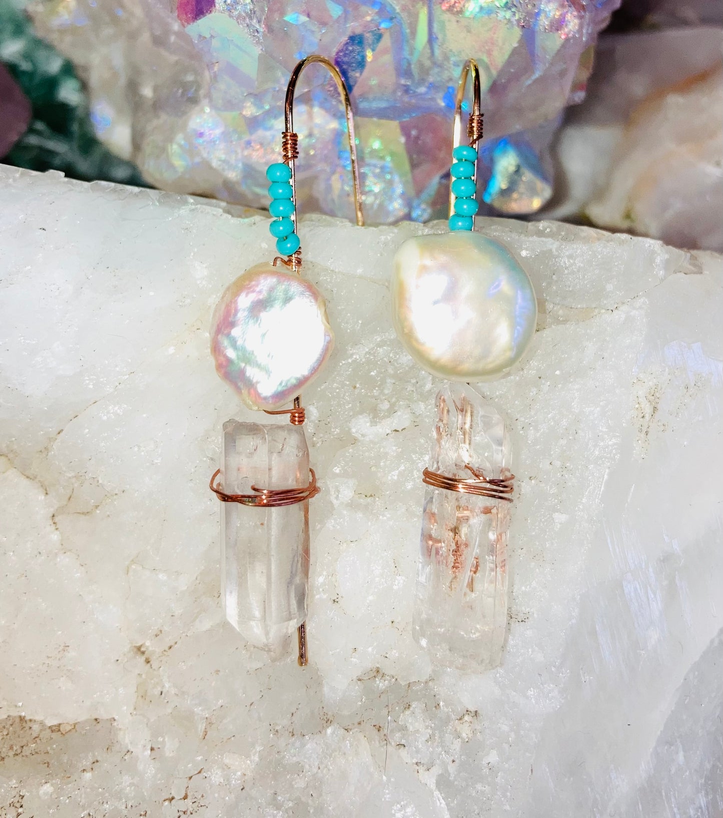 Healing Clear Quartz, Coin Pearls & Turquoise Drop Earrings