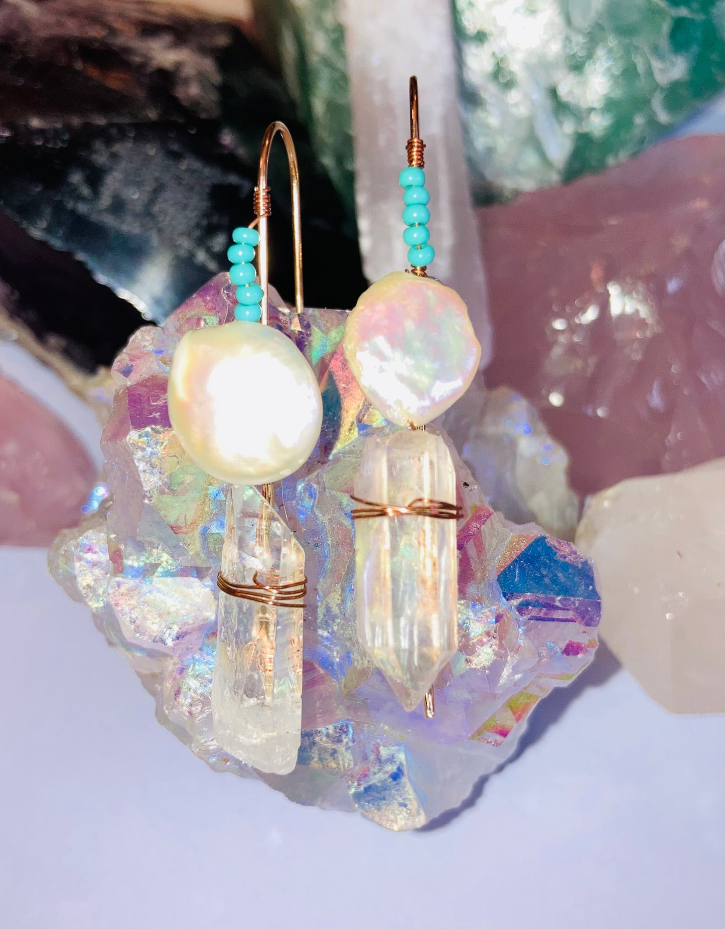 Healing Clear Quartz, Coin Pearls & Turquoise Drop Earrings