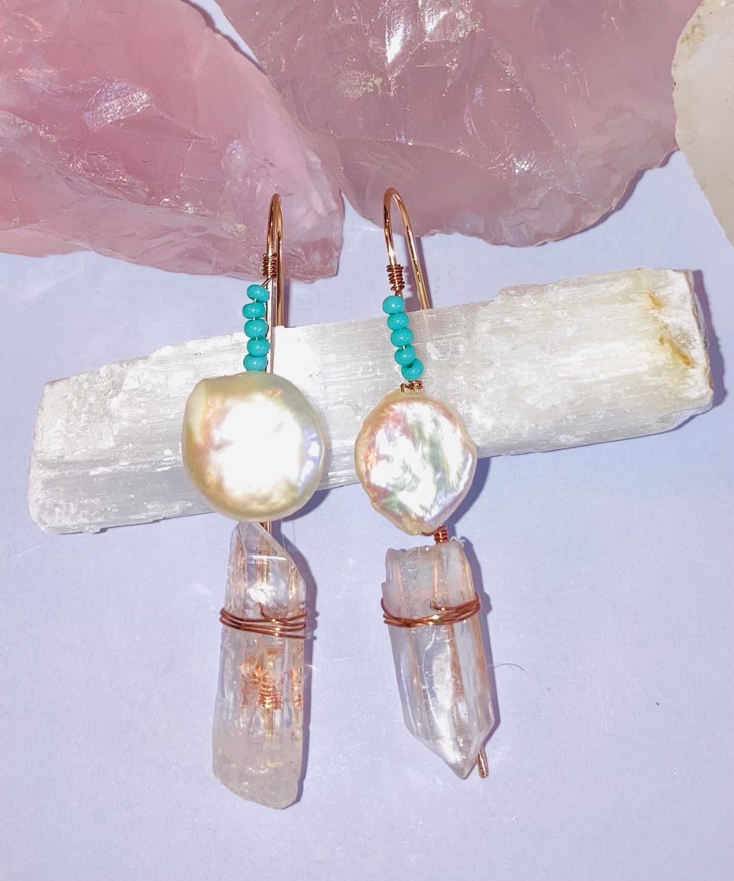 Healing Clear Quartz, Coin Pearls & Turquoise Drop Earrings