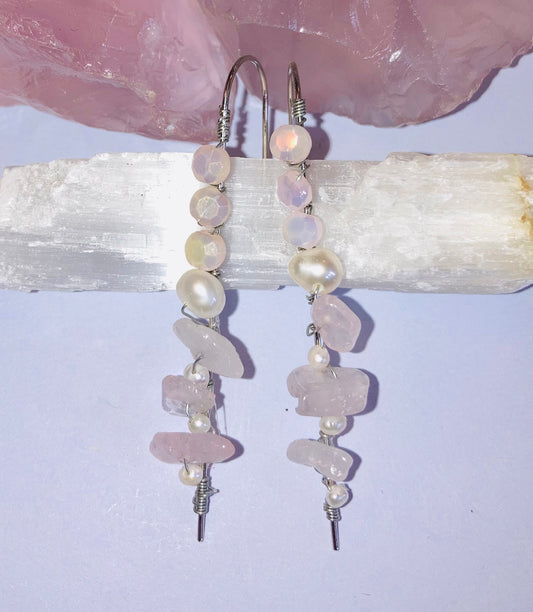 Healing Rose Quartz, Pearl & Iridescent Glass Bead Drop Earrings