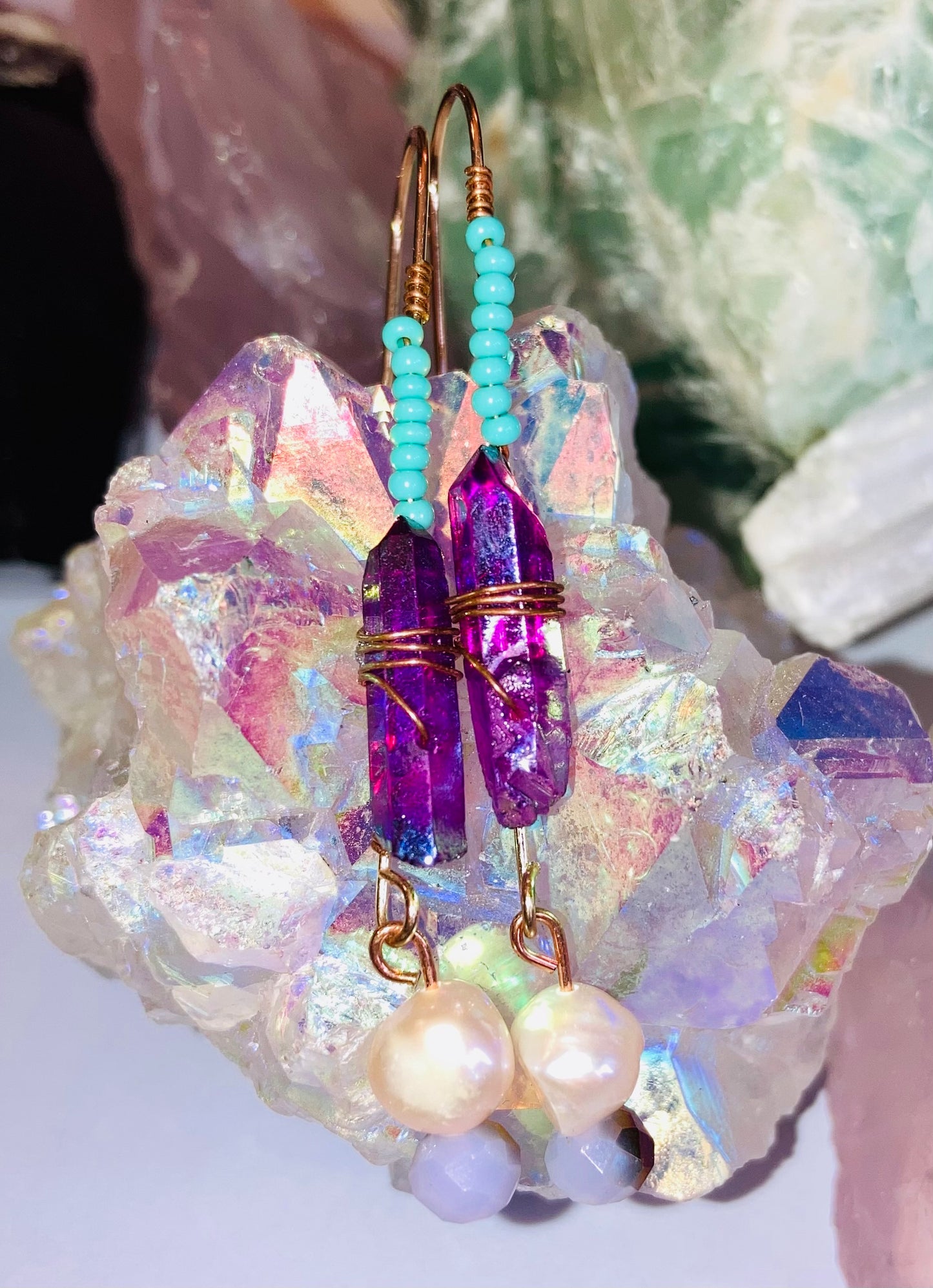 Healing Violet Quartz, Pearl & Turquoise Drop Earrings