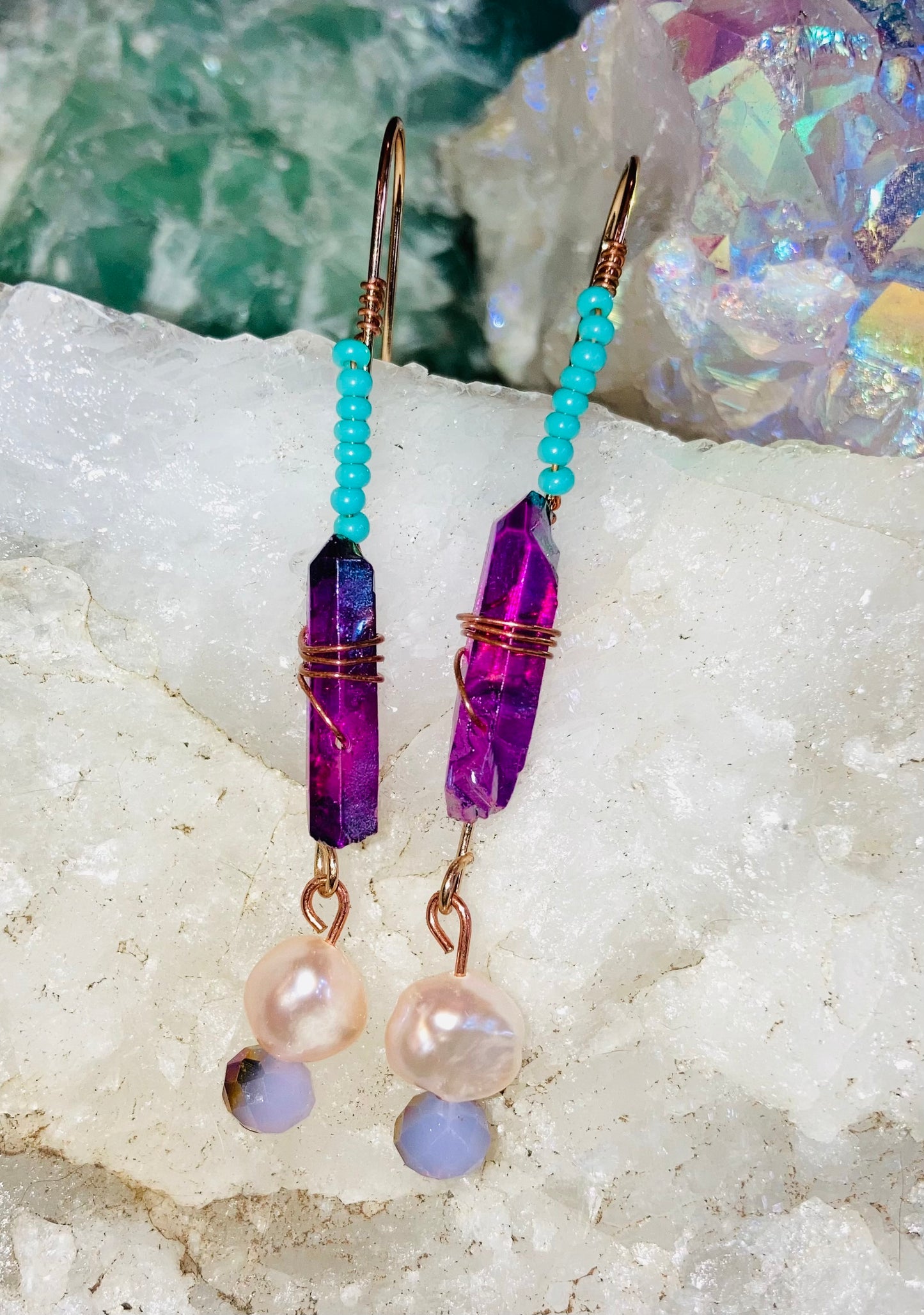 Healing Violet Quartz, Pearl & Turquoise Drop Earrings