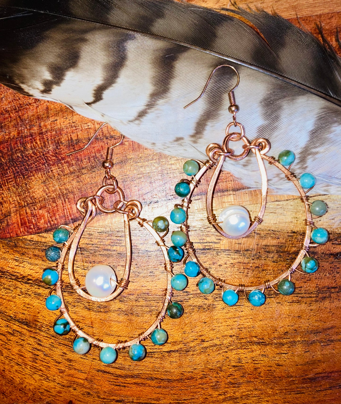 Sea Sediment Jasper & Pearl Hammered Copper Earrings