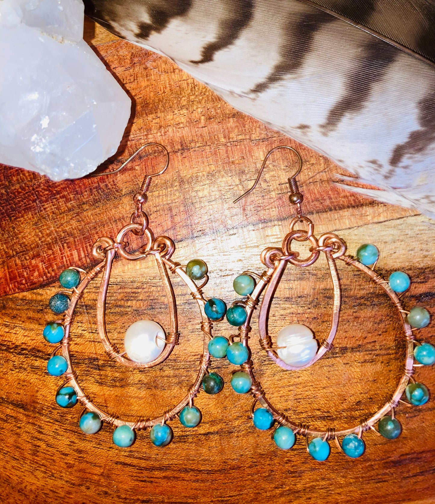 Sea Sediment Jasper & Pearl Hammered Copper Earrings