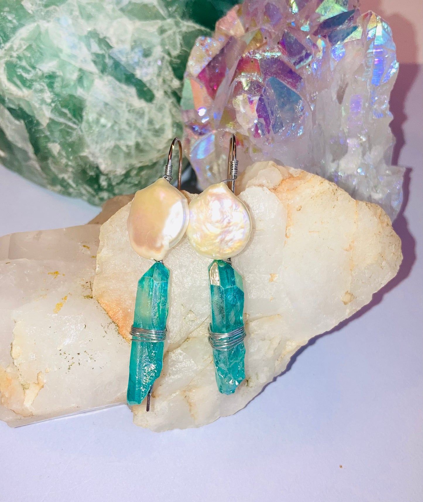 Healing Aqua Aura Quartz & Coin Pearl Drop Earrings