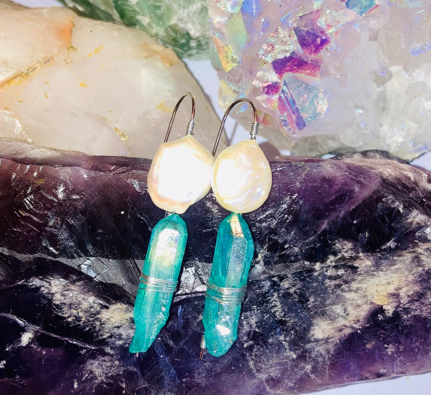 Healing Aqua Aura Quartz & Coin Pearl Drop Earrings