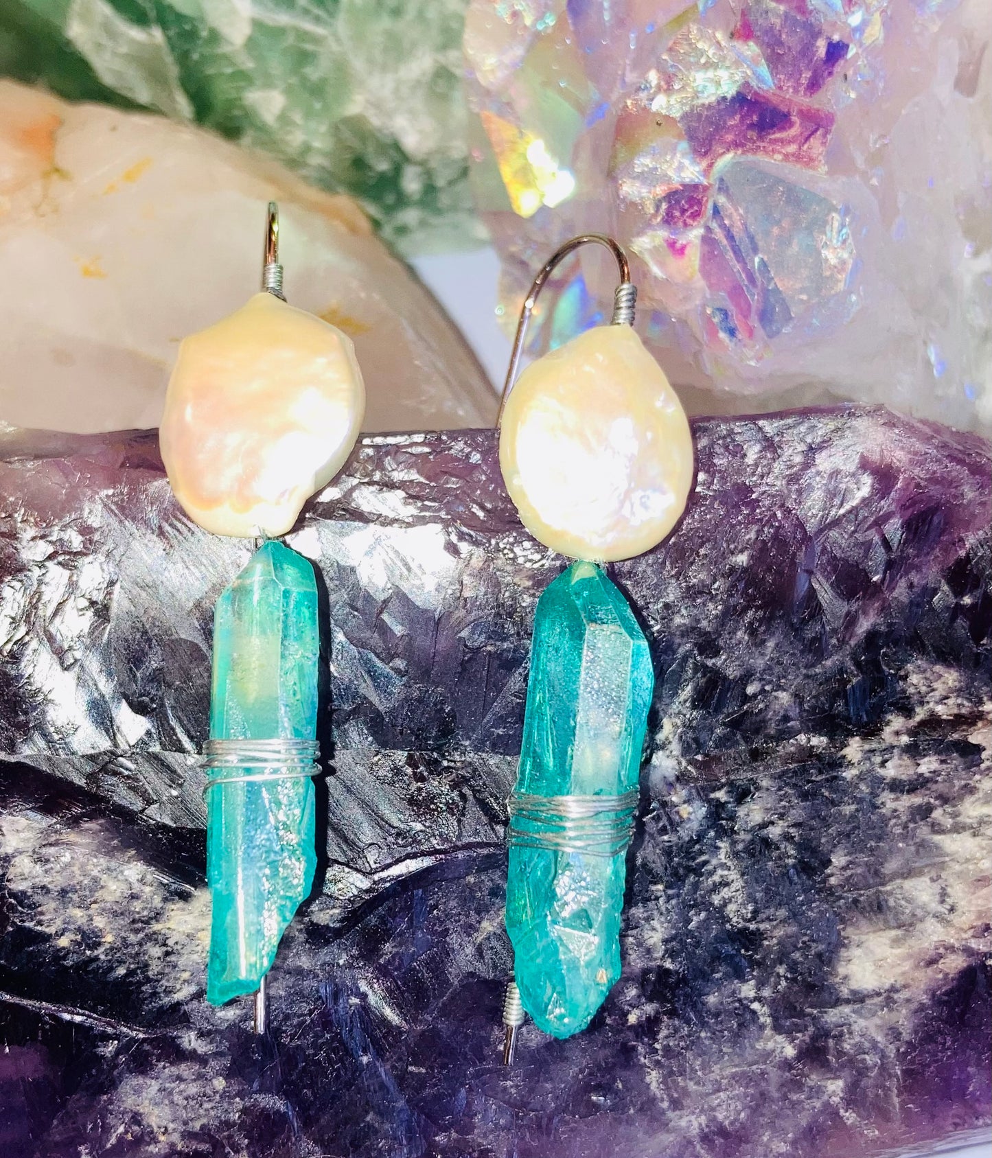 Healing Aqua Aura Quartz & Coin Pearl Drop Earrings