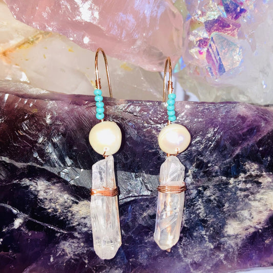 Healing Clear Quartz, Pearl & Turquoise Drop Earrings