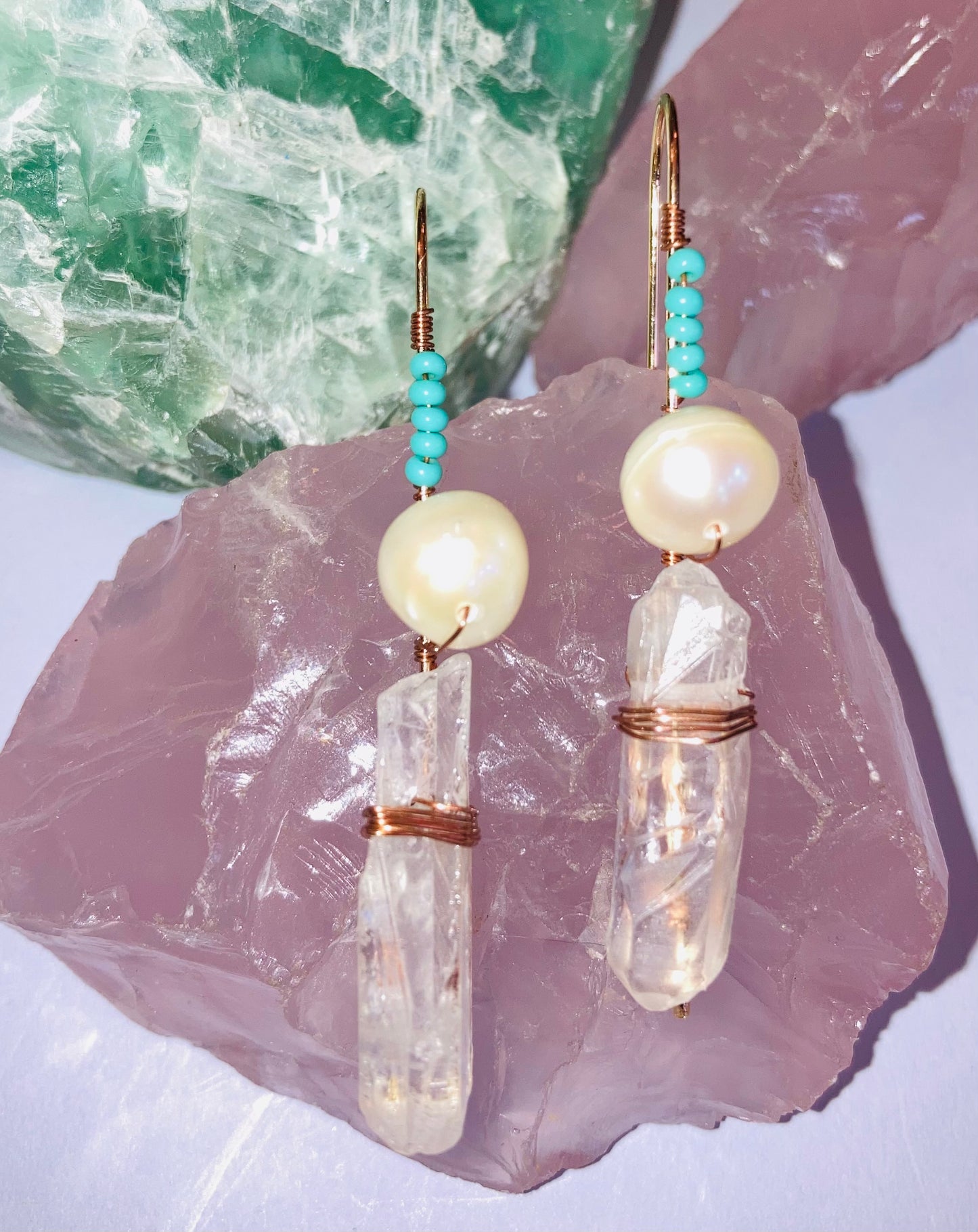 Healing Clear Quartz, Pearl & Turquoise Drop Earrings