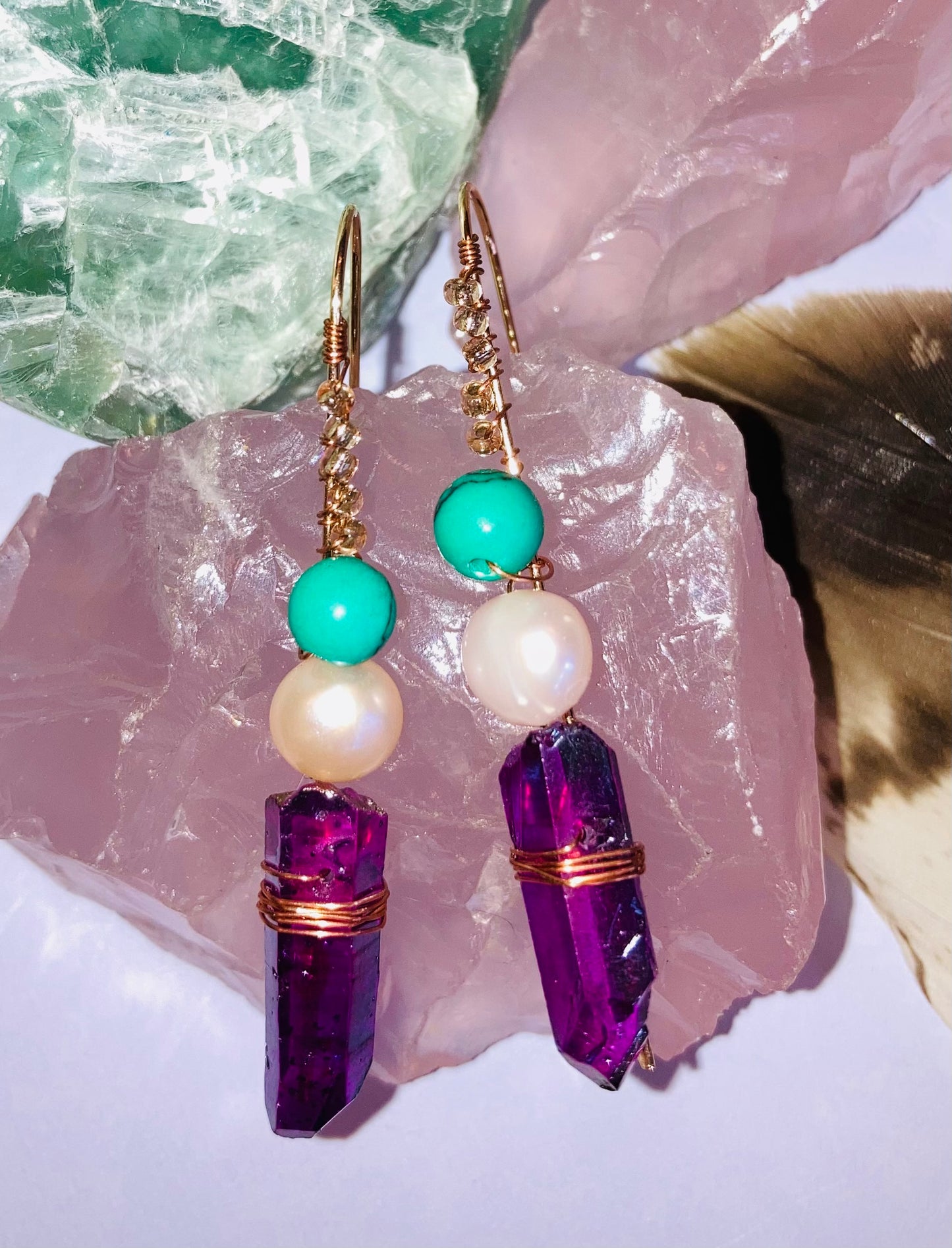 Healing Violet Quartz, Teal & Pearl Drop Earrings