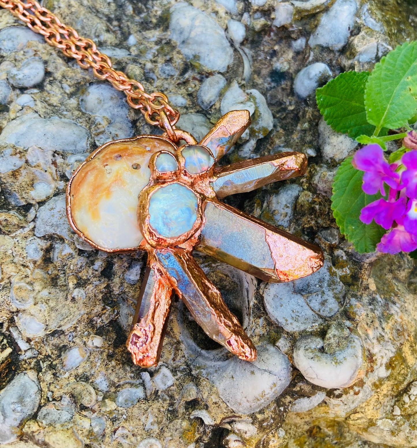 Sunburst Shell, Pearl & Peach Quartz Necklace