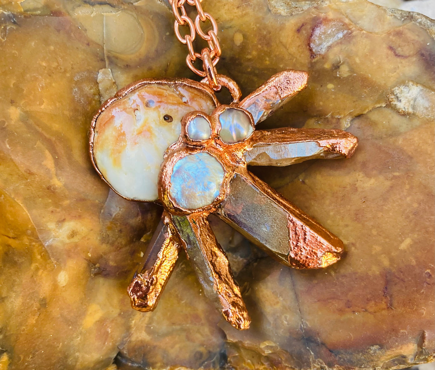 Sunburst Shell, Pearl & Peach Quartz Necklace