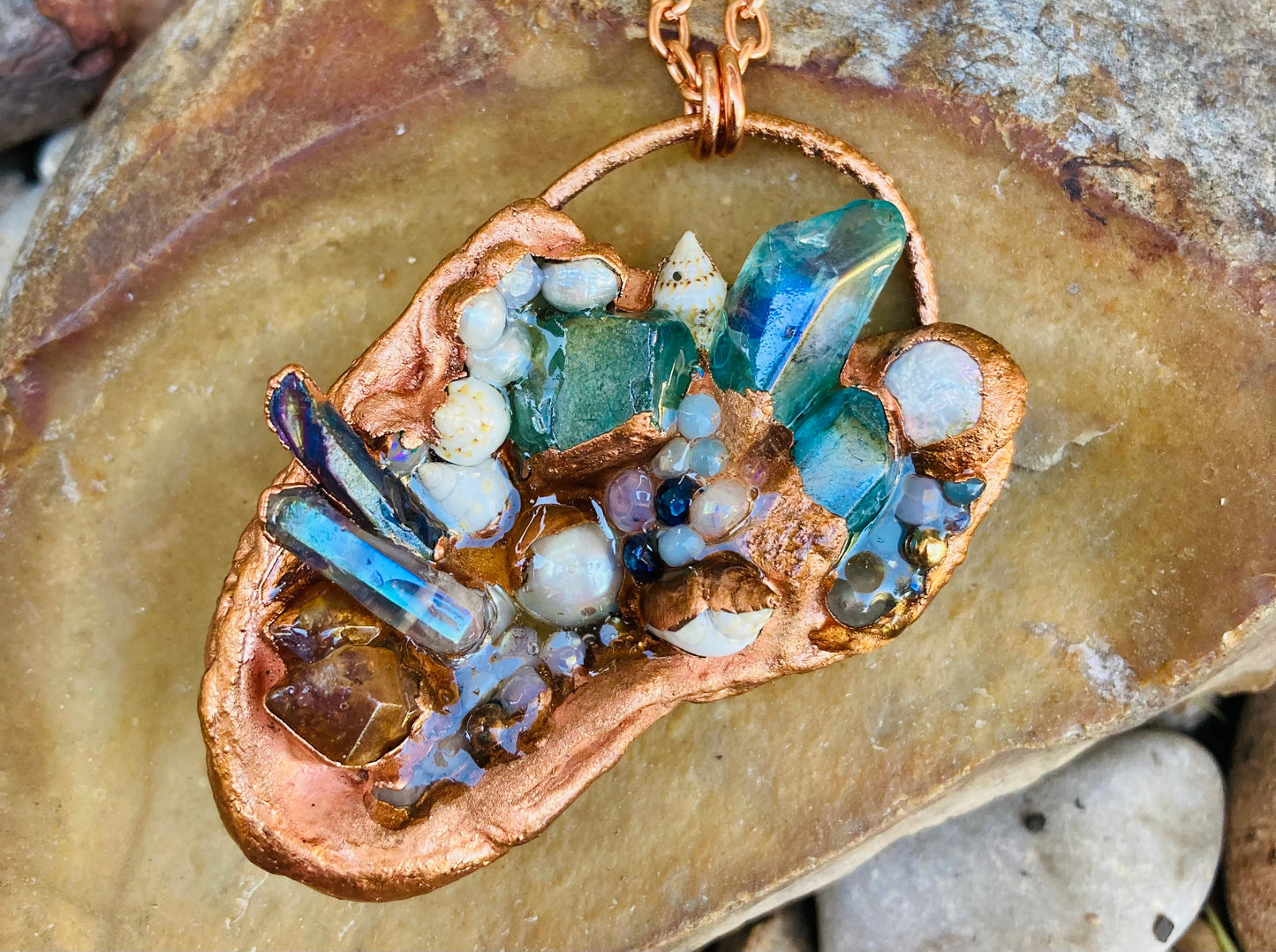 Aqua Aura & Peach Quartz, Pearls and Shell Necklace