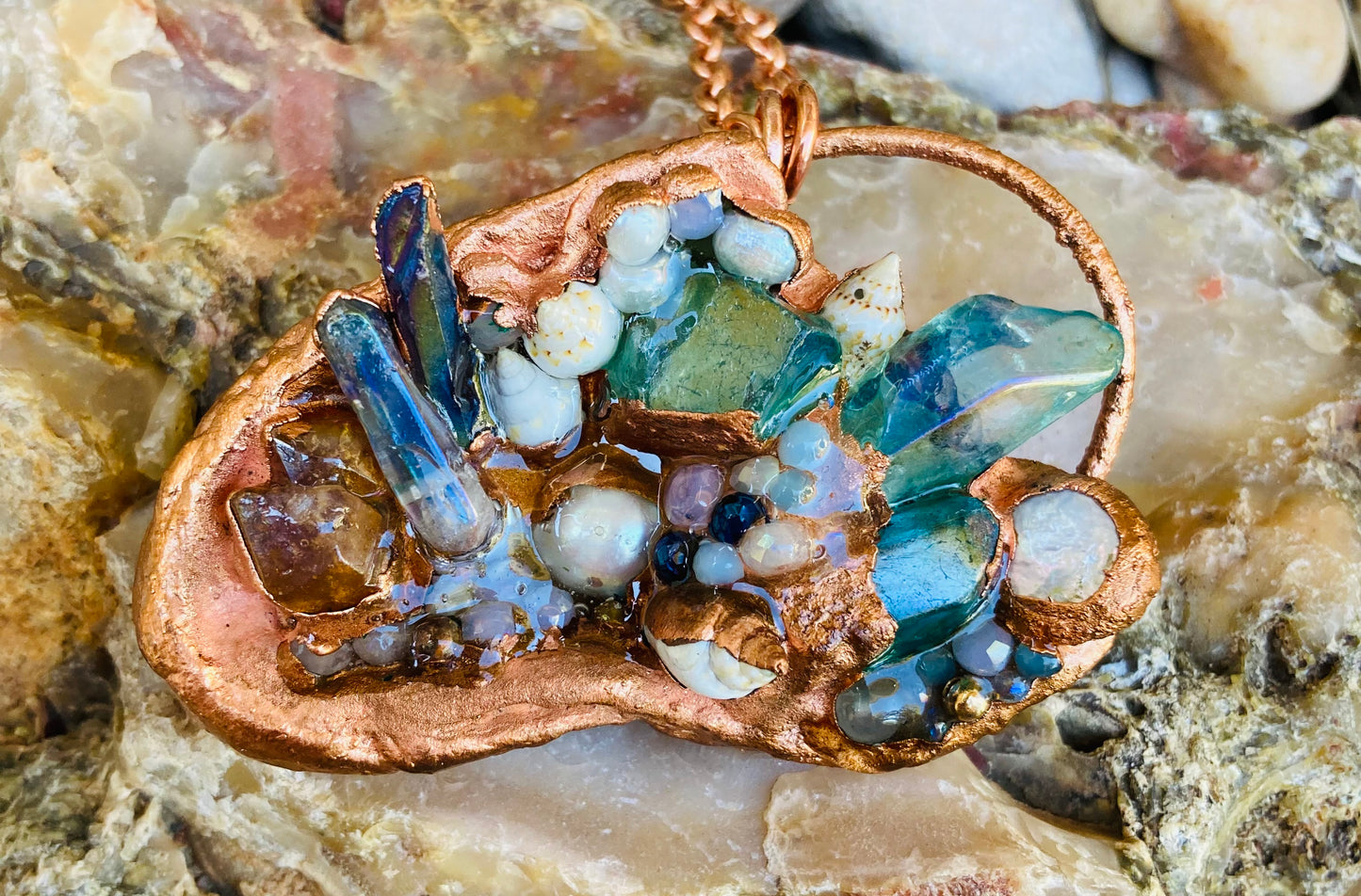 Aqua Aura & Peach Quartz, Pearls and Shell Necklace