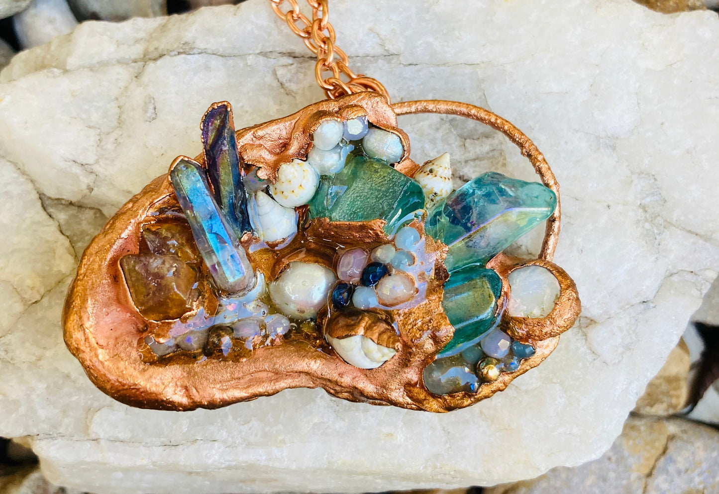 Aqua Aura & Peach Quartz, Pearls and Shell Necklace