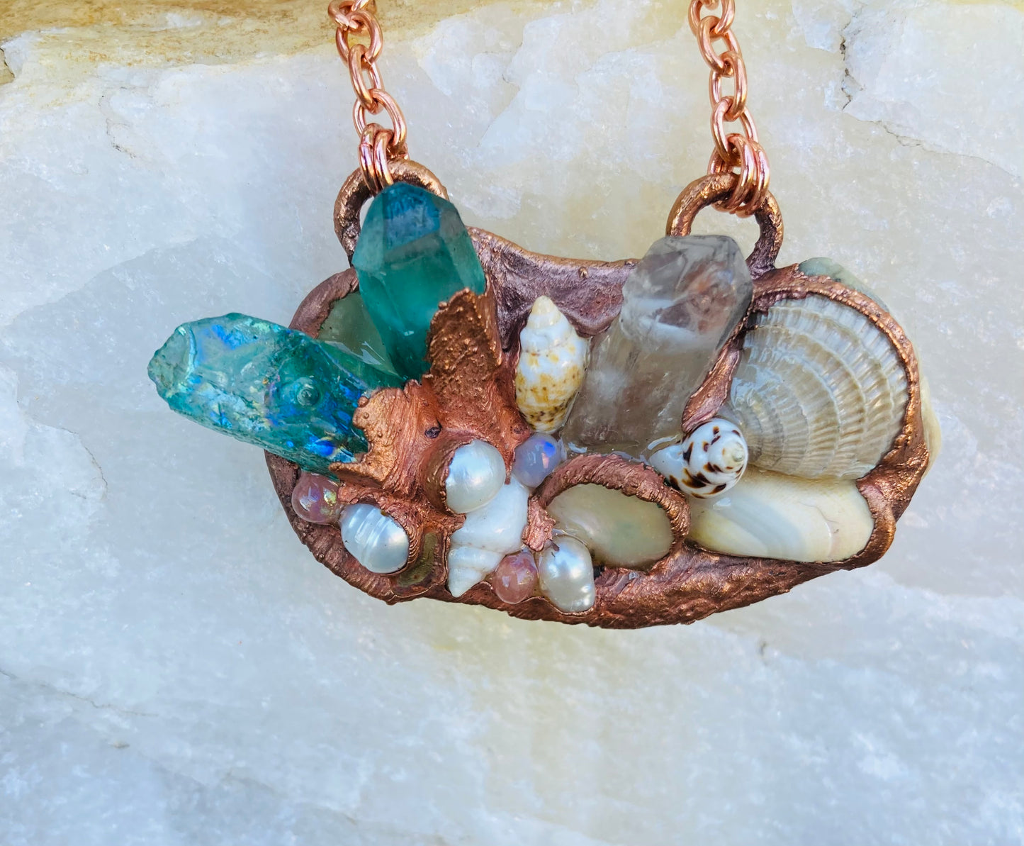 Aqua Aura & Clear Quartz, Shell & Pearl Necklace