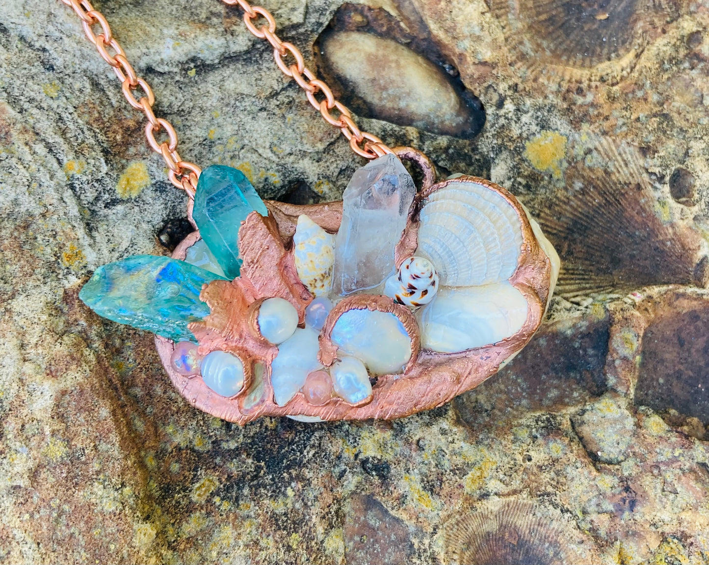 Aqua Aura & Clear Quartz, Shell & Pearl Necklace