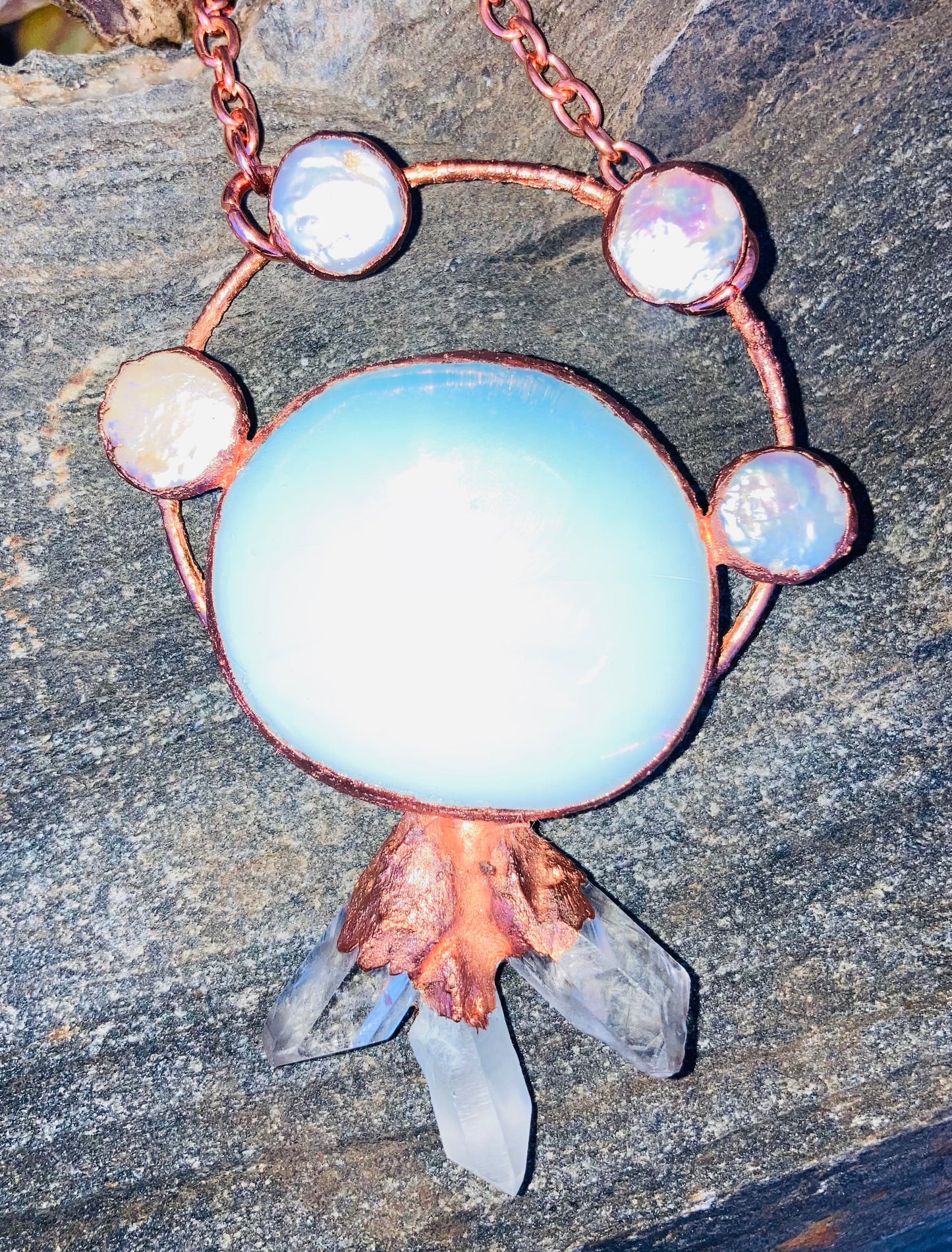 Moon Spinner Opalite, Pearl and Clear Quartz Necklace