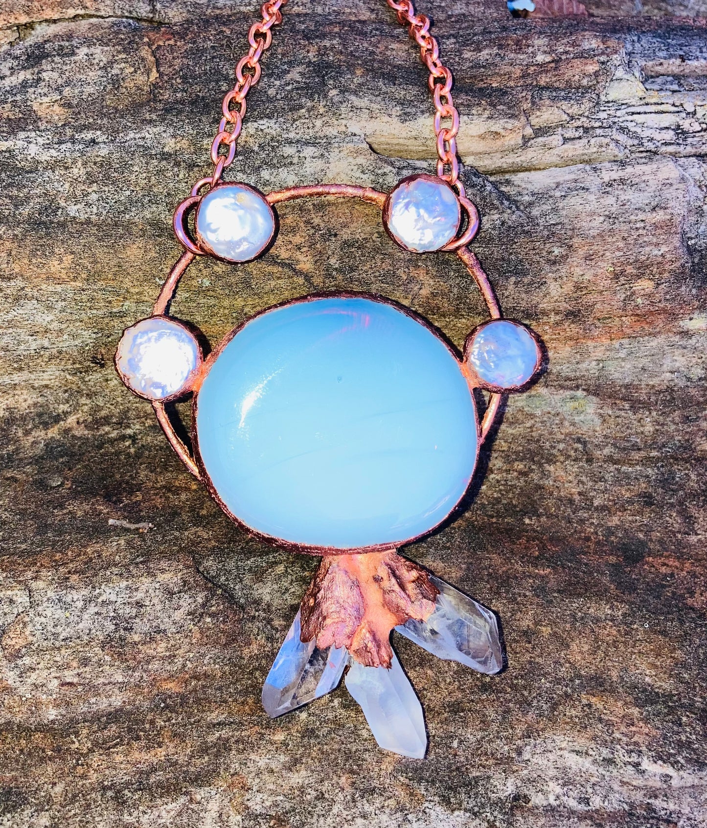 Moon Spinner Opalite, Pearl and Clear Quartz Necklace