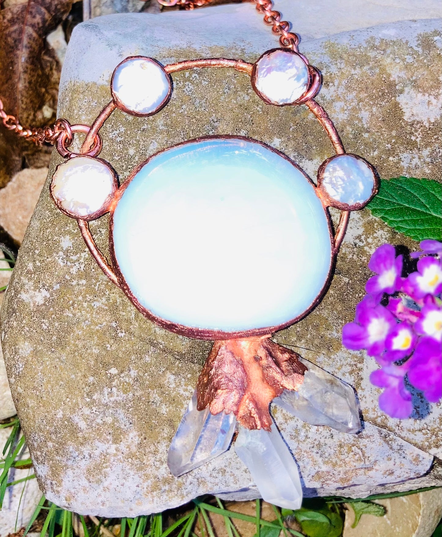 Moon Spinner Opalite, Pearl and Clear Quartz Necklace