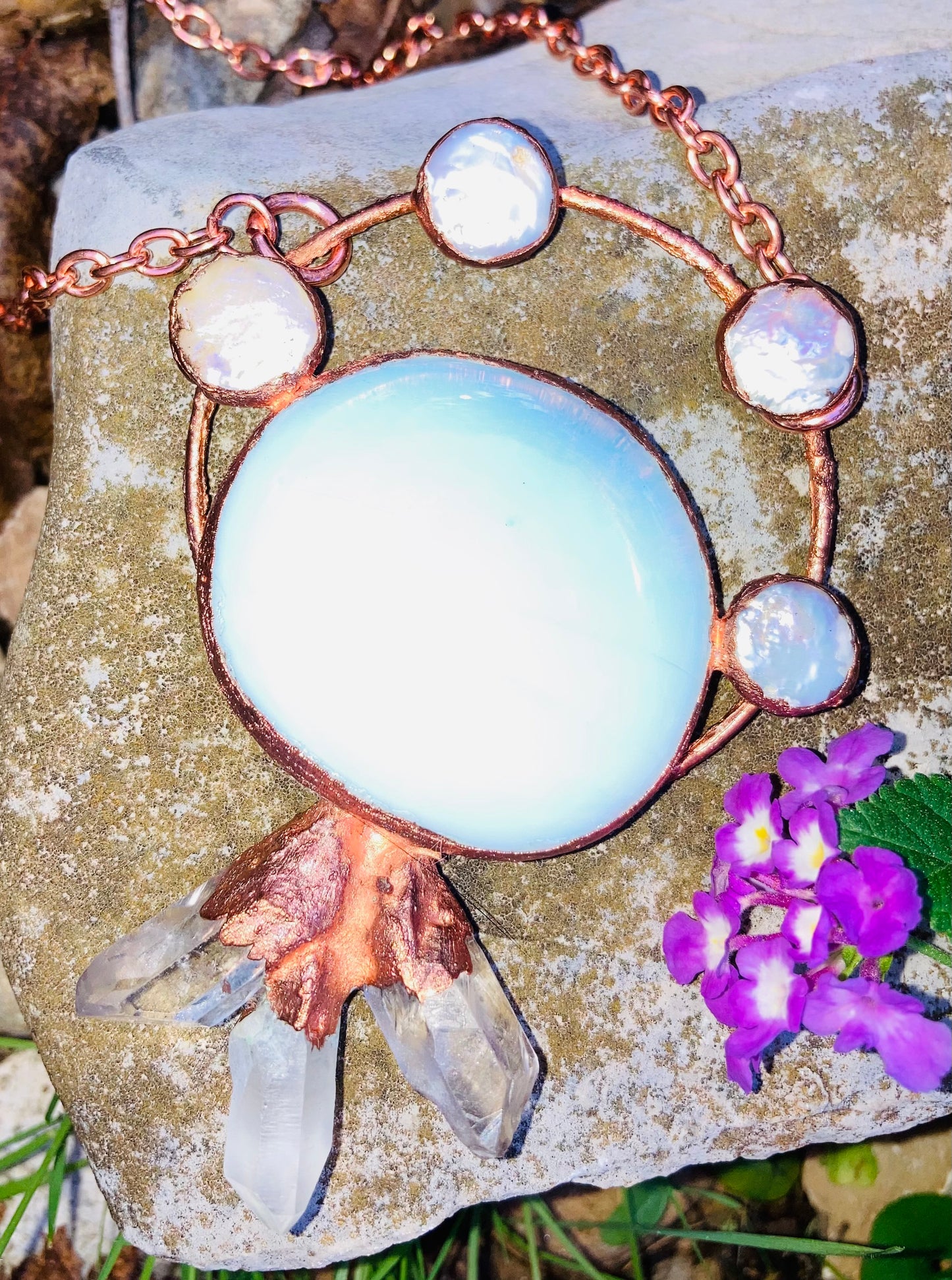 Moon Spinner Opalite, Pearl and Clear Quartz Necklace