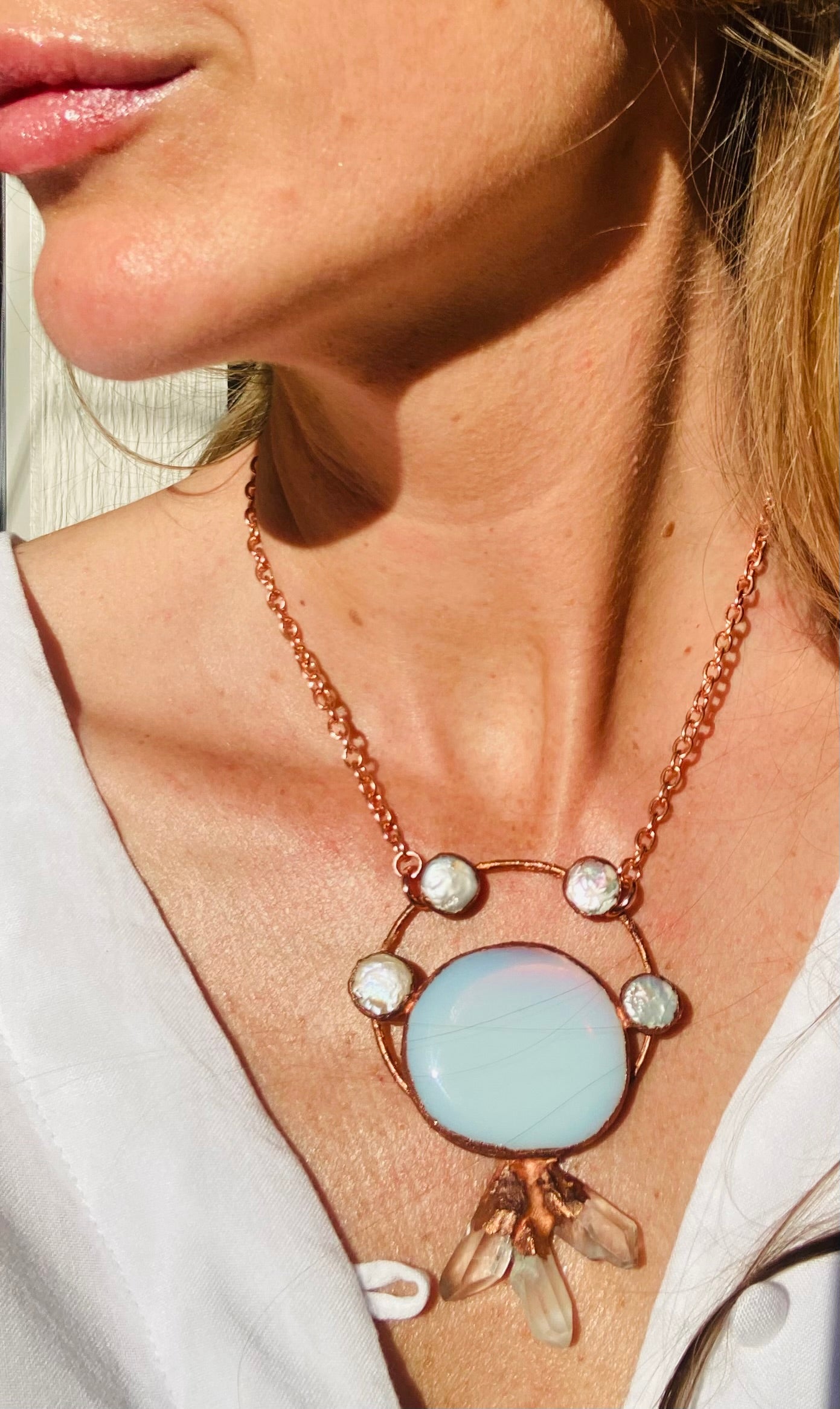 Moon Spinner Opalite, Pearl and Clear Quartz Necklace