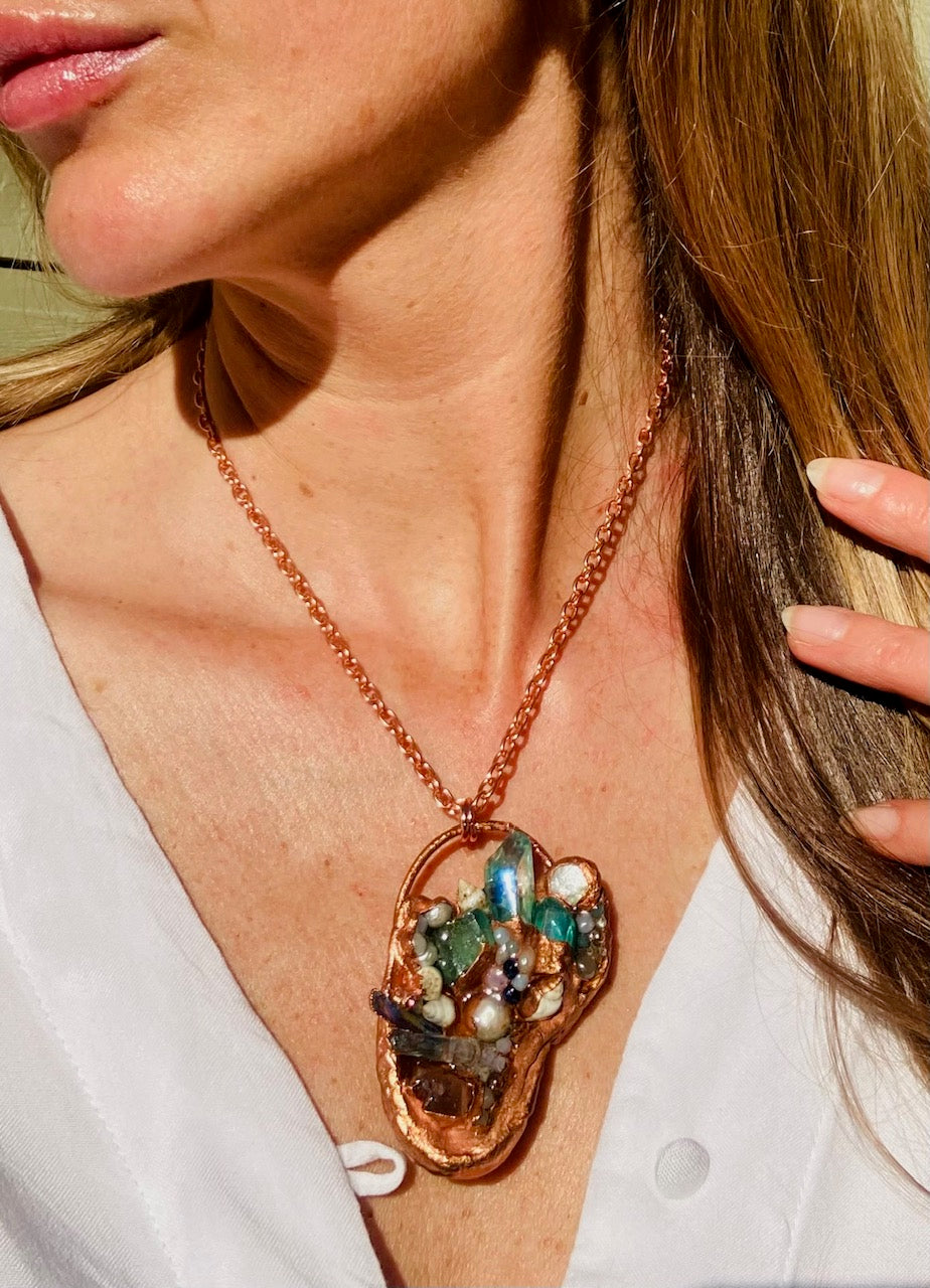 Aqua Aura & Peach Quartz, Pearls and Shell Necklace