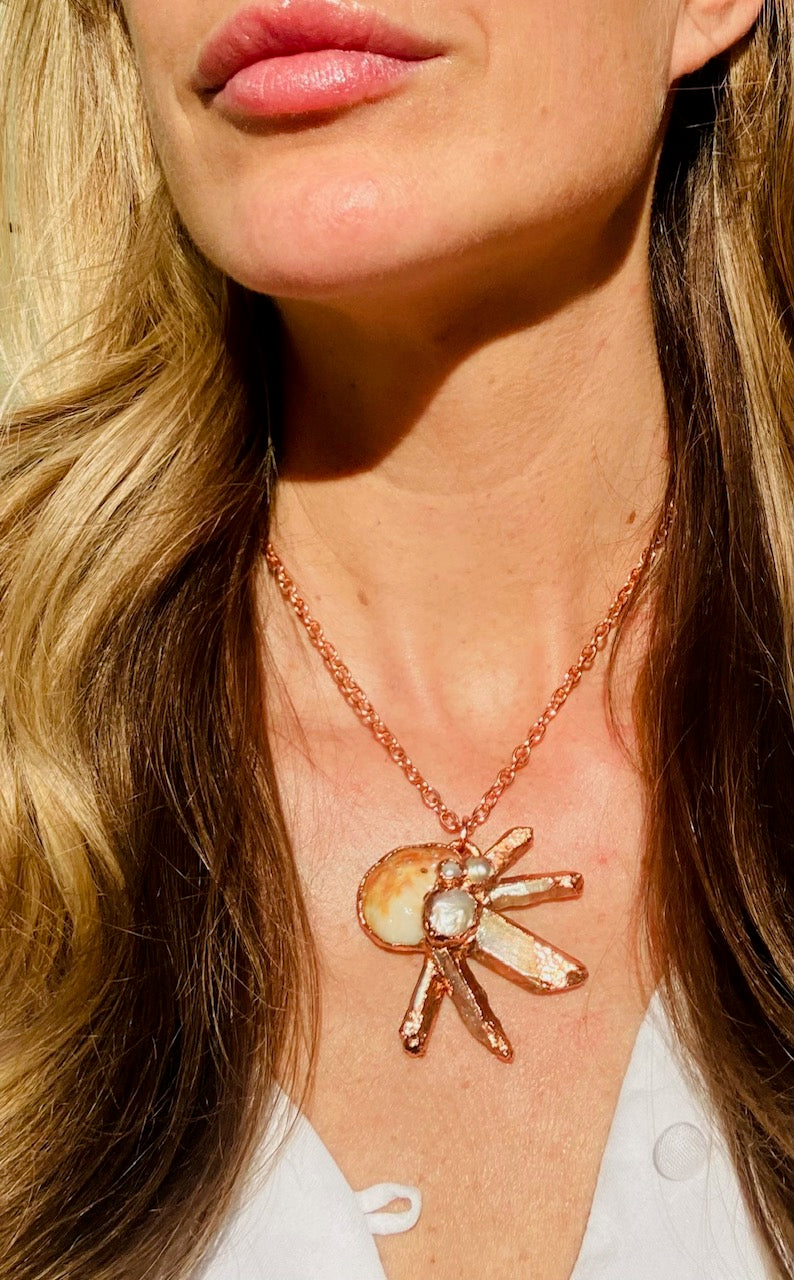 Sunburst Shell, Pearl & Peach Quartz Necklace