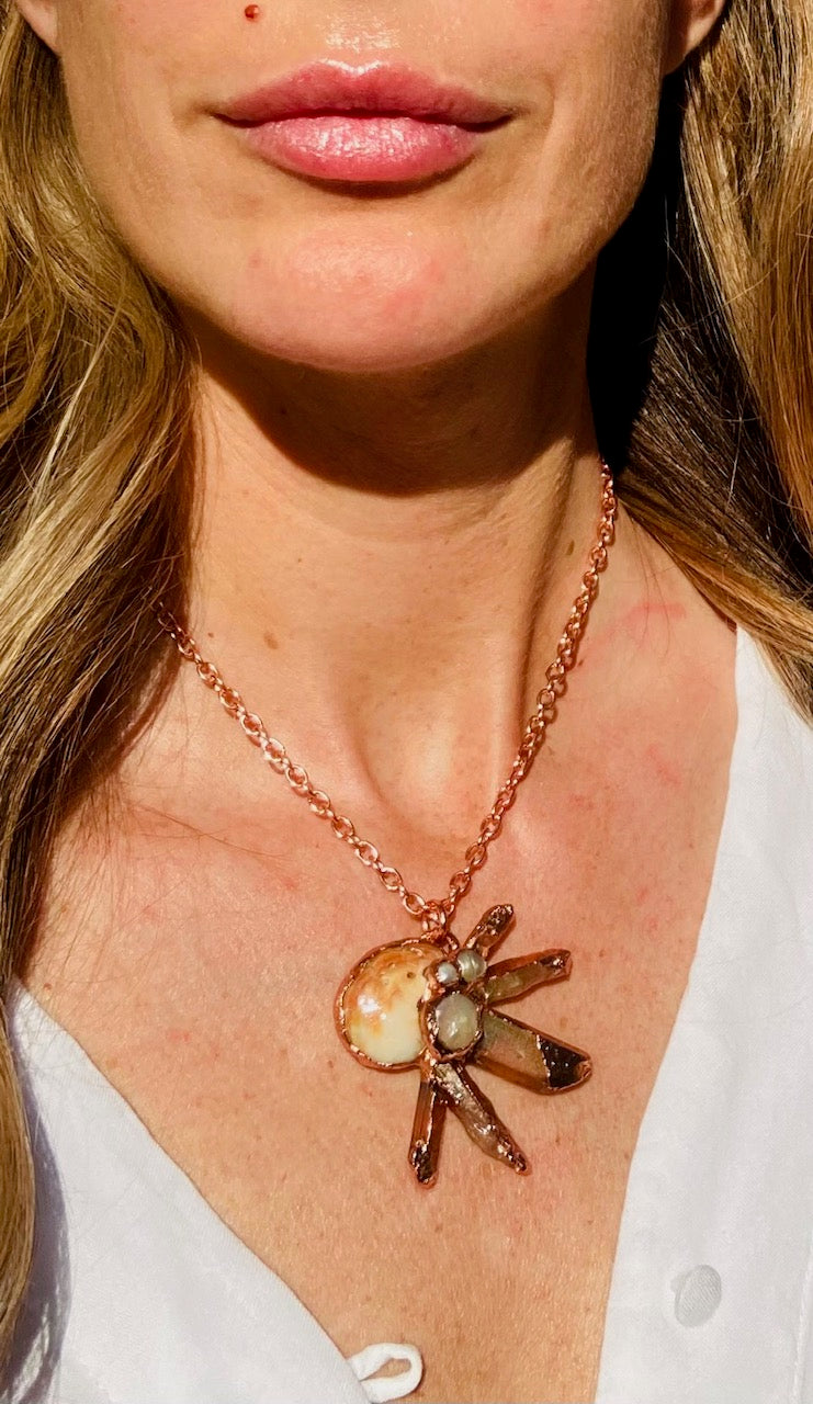 Sunburst Shell, Pearl & Peach Quartz Necklace