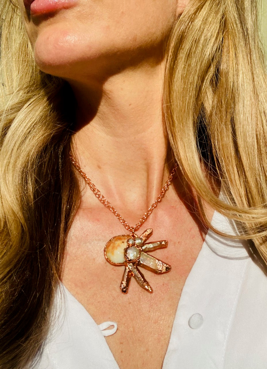 Sunburst Shell, Pearl & Peach Quartz Necklace