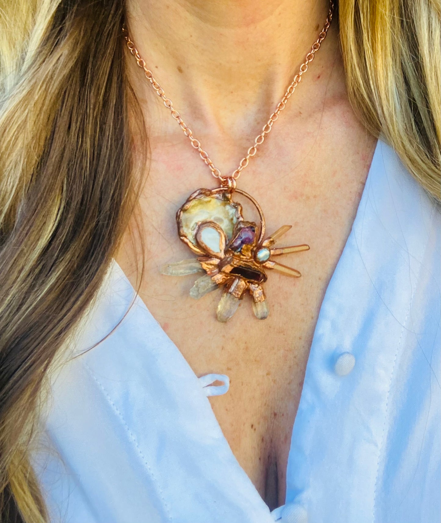 Violet, Peach & Clear Quartz, Pearls & Shell Necklace