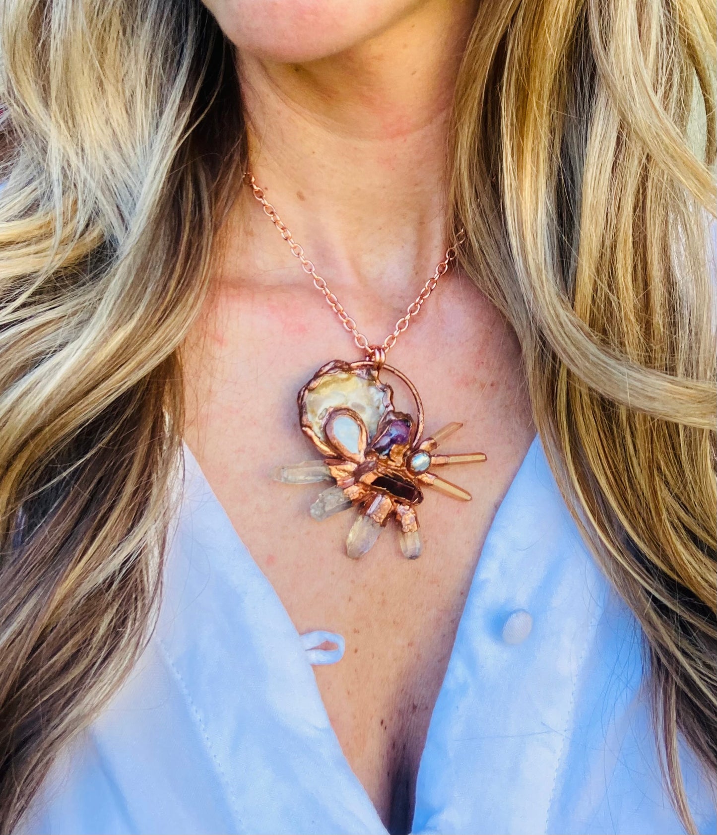 Violet, Peach & Clear Quartz, Pearls & Shell Necklace