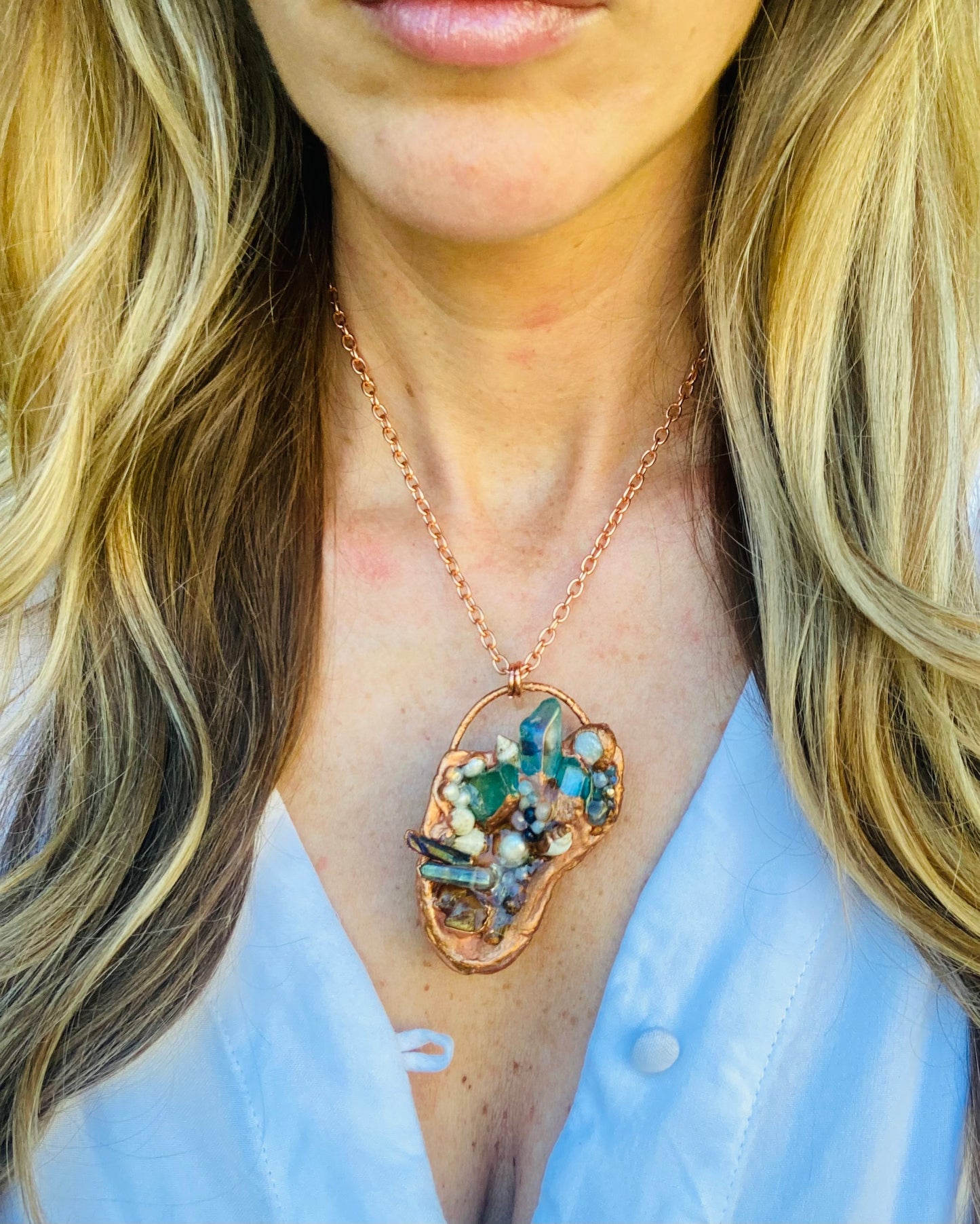 Aqua Aura & Peach Quartz, Pearls and Shell Necklace