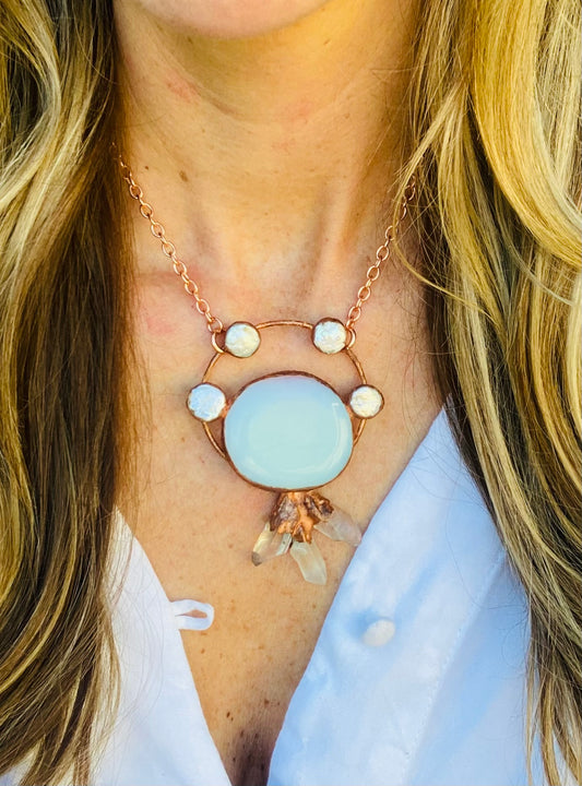 Moon Spinner Opalite, Pearl and Clear Quartz Necklace