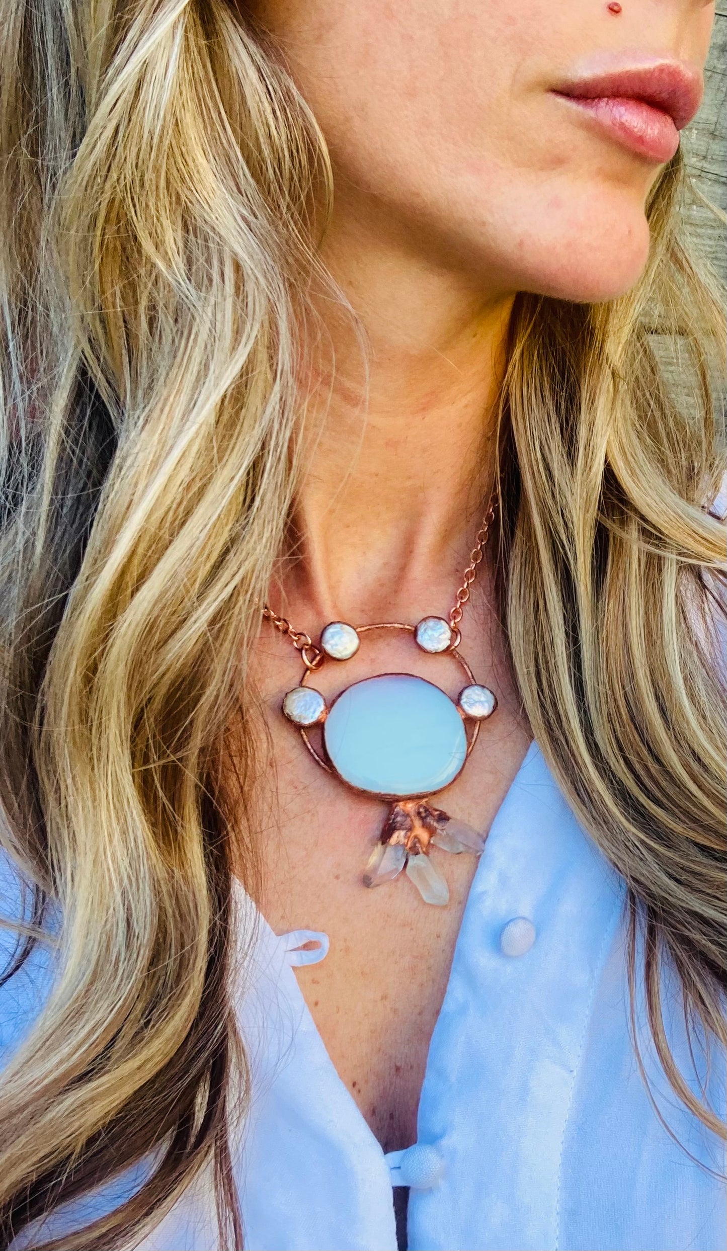 Moon Spinner Opalite, Pearl and Clear Quartz Necklace