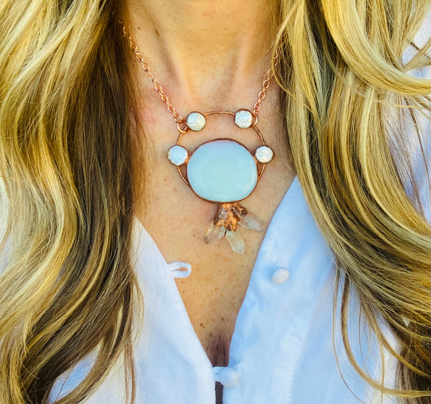 Moon Spinner Opalite, Pearl and Clear Quartz Necklace