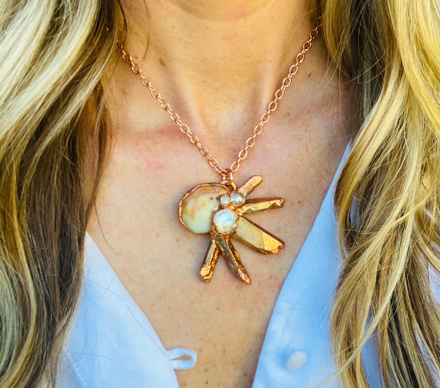 Sunburst Shell, Pearl & Peach Quartz Necklace