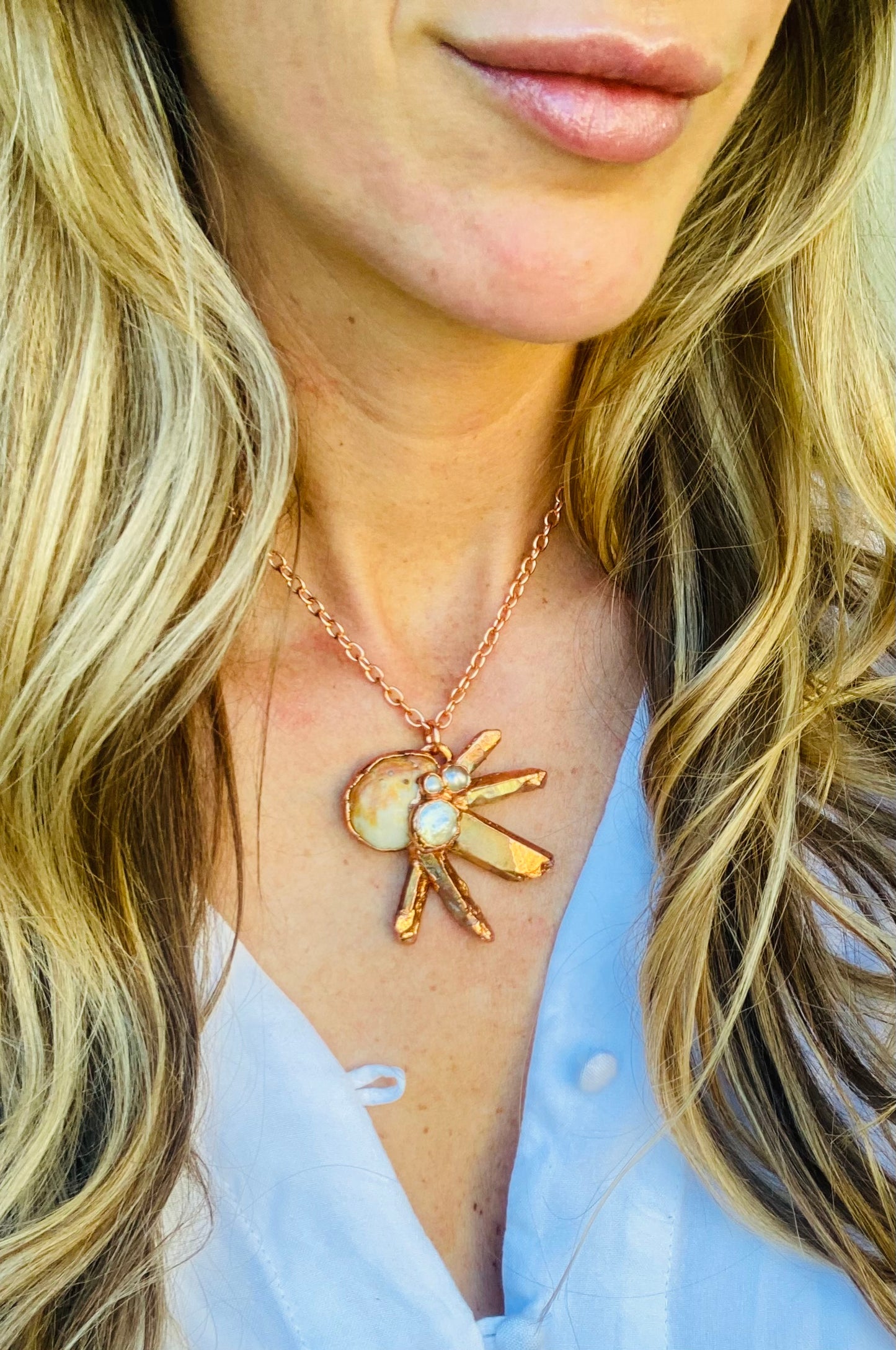 Sunburst Shell, Pearl & Peach Quartz Necklace